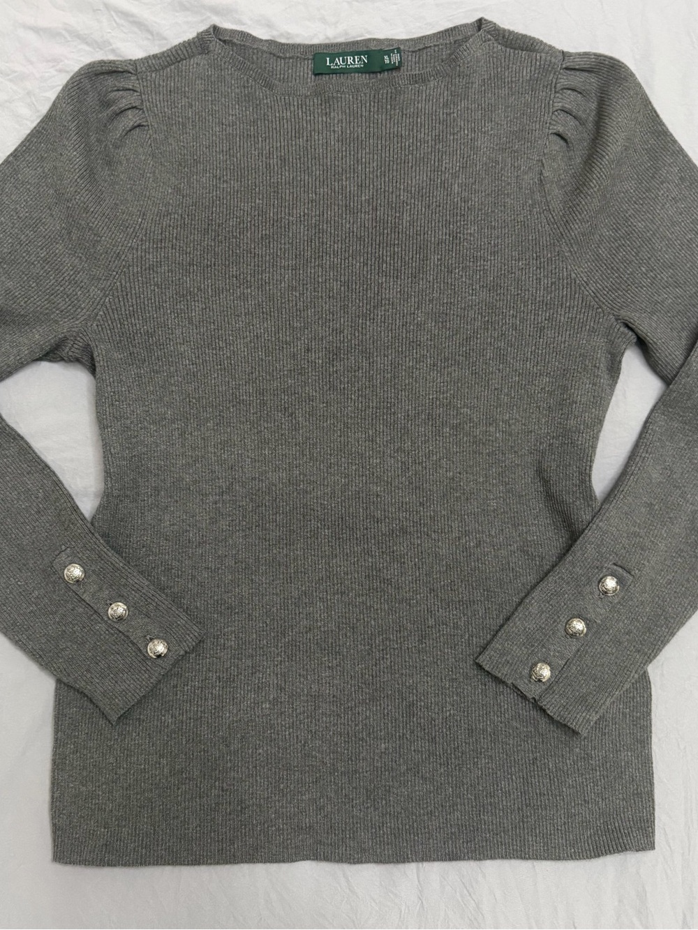 Ralph Lauren Gray Ribbed Boatneck Puff Sleeve Sweater Size XL